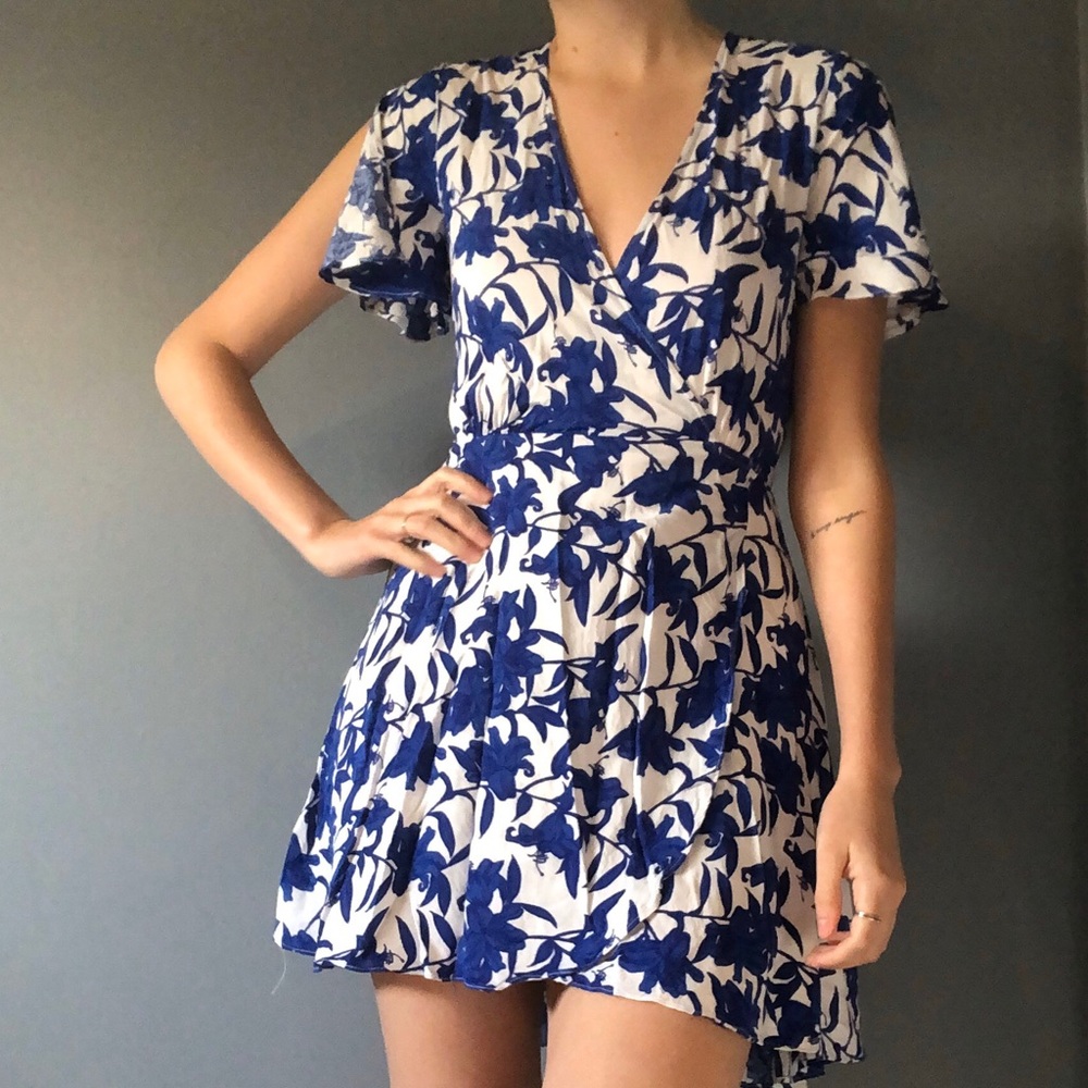 Blue and White Floral Wrap Dress